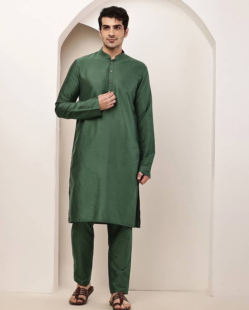 Men's green straight viscose silk kurta pyjama set