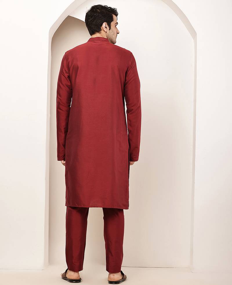 Men's dark red straight viscose silk kurta pyjama set