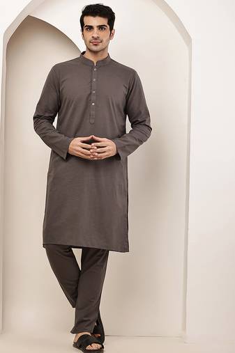 Men's grey straight viscose silk kurta pyjama set