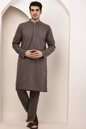 Men's grey straight viscose silk kurta pyjama set