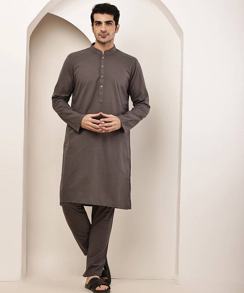 Men's grey straight viscose silk kurta pyjama set
