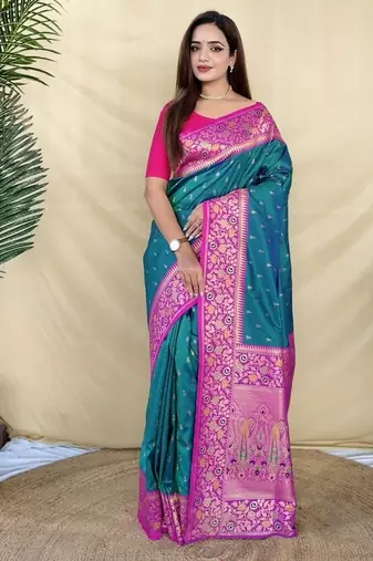 Teal Color Rich zari contrast weaving Work Silk Saree