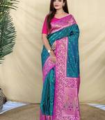 Teal Color Rich zari contrast weaving Work Silk Saree