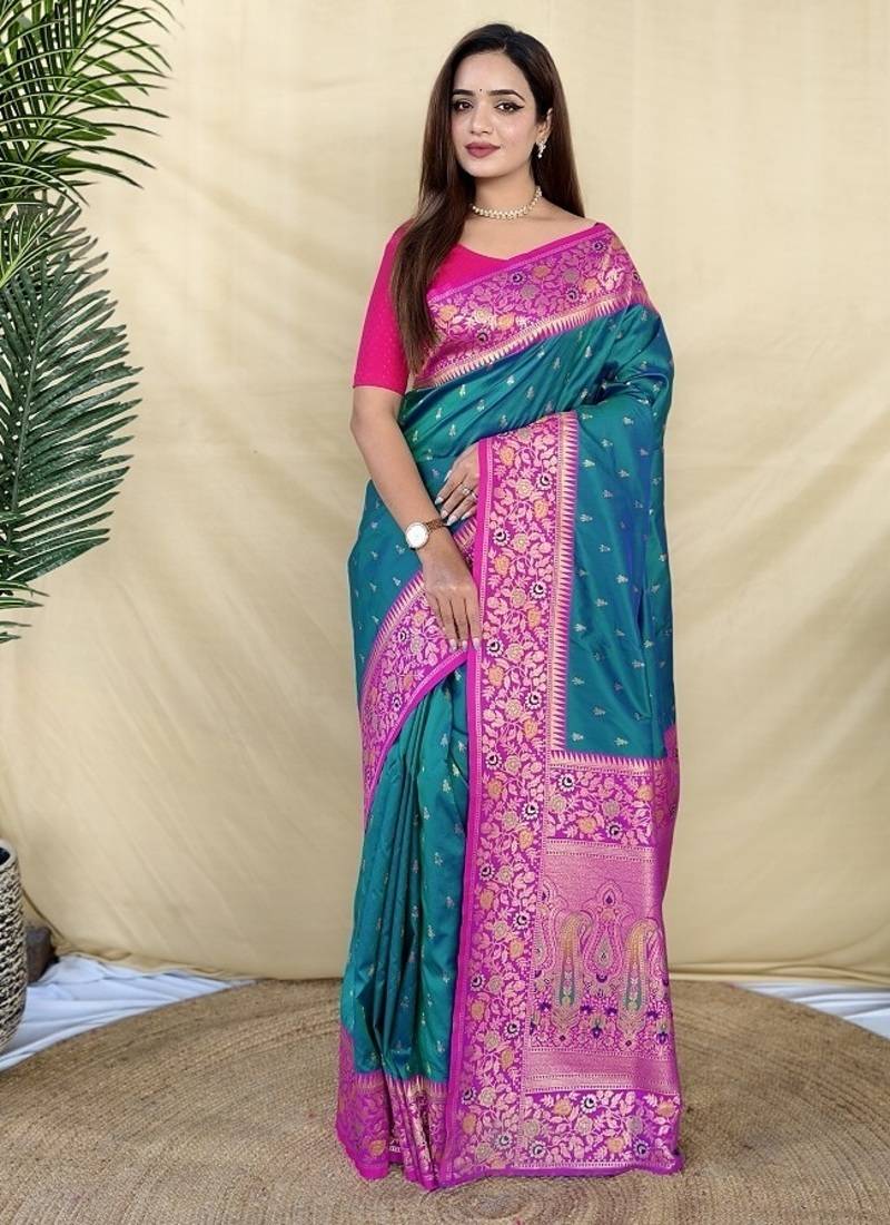 Teal Color Rich zari contrast weaving Work Silk Saree