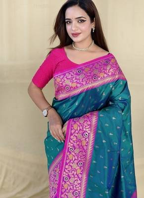 Teal Color Rich zari contrast weaving Work art silk saree 2