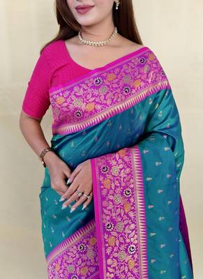 Teal Color Rich zari contrast weaving Work art silk saree 3