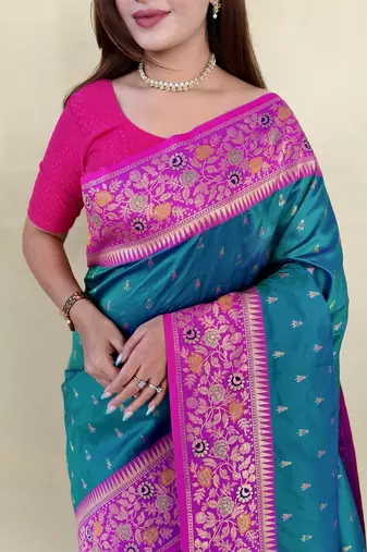 Teal Color Rich zari contrast weaving Work art silk saree