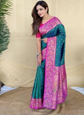 Teal Color Rich zari contrast weaving Work art silk saree 4