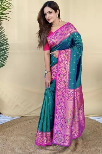 Teal Color Rich zari contrast weaving Work art silk saree