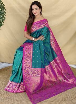 Teal Color Rich zari contrast weaving Work art silk saree 5