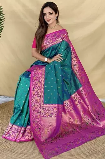 Teal Color Rich zari contrast weaving Work art silk saree