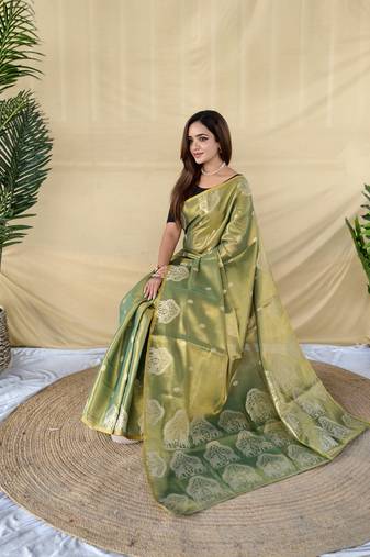 Light Olive Color Zari Weaving Work Silk Saree