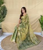 Light Olive Color Zari Weaving Work Silk Saree