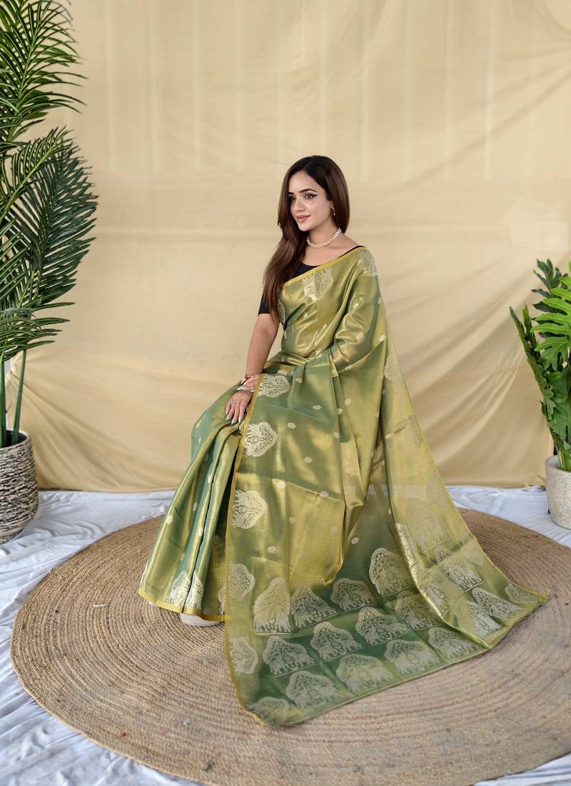 Light Olive Color Zari Weaving Work Silk Saree