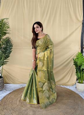 Light Olive Color Zari Weaving Work art silk saree 2