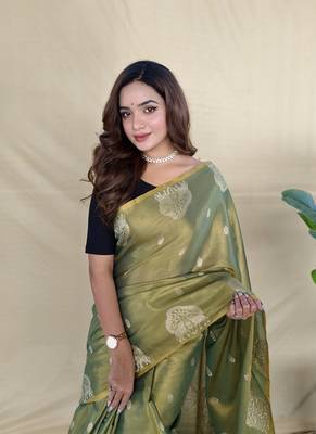 Light Olive Color Zari Weaving Work art silk saree 3