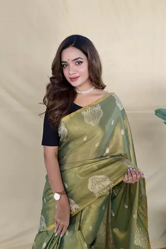 Light Olive Color Zari Weaving Work art silk saree