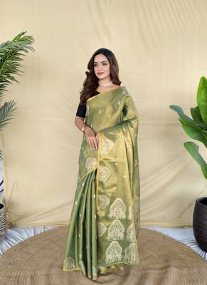Light Olive Color Zari Weaving Work art silk saree 4