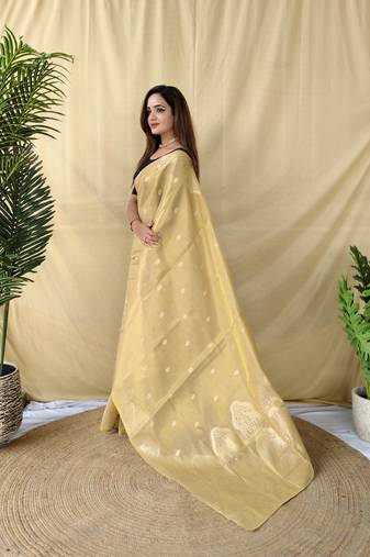 Light Yellow Color Zari Weaving Work Silk Saree