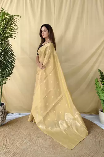 Light Yellow Color Zari Weaving Work Silk Saree