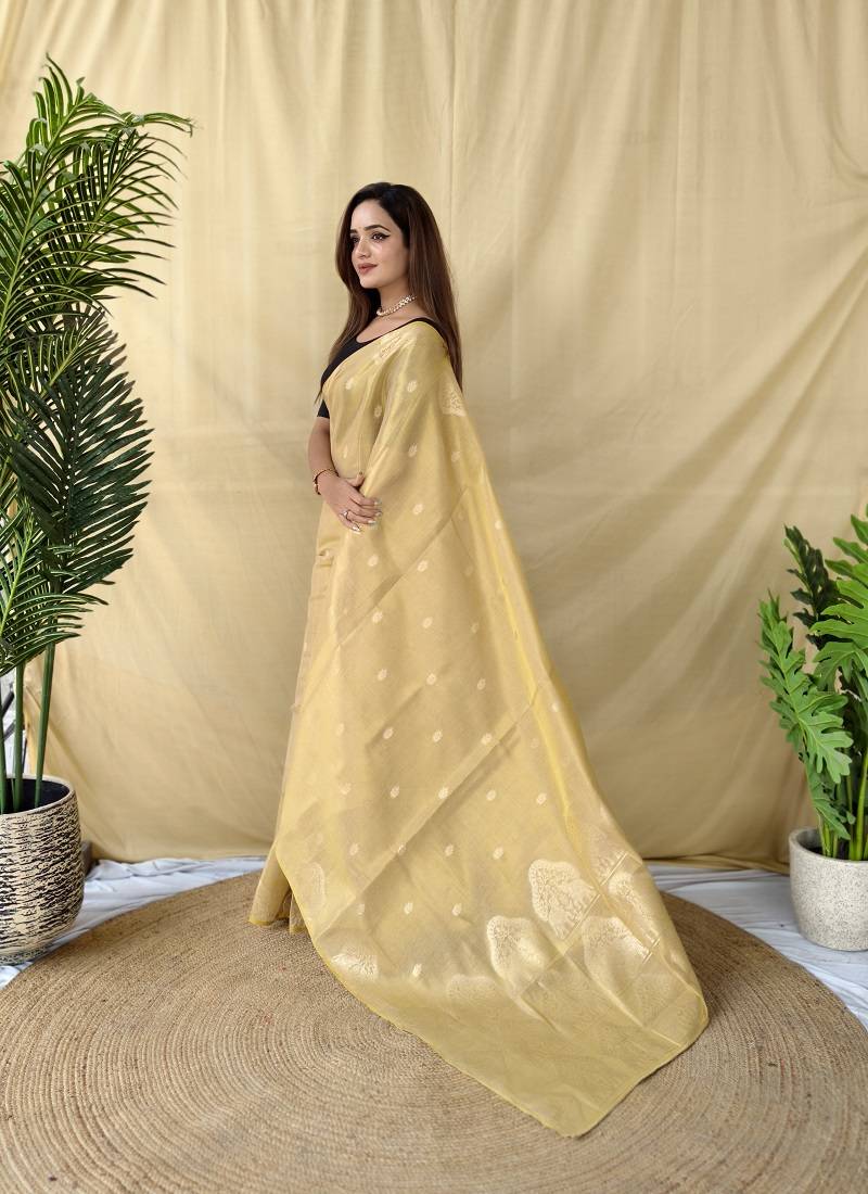 Light Yellow Color Zari Weaving Work Silk Saree