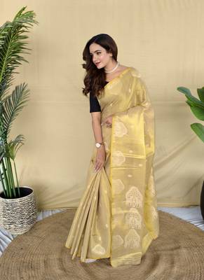Light Yellow Color Zari Weaving Work art silk saree 3