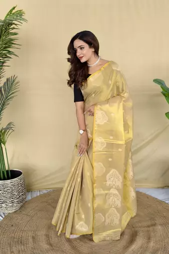 Light Yellow Color Zari Weaving Work art silk saree