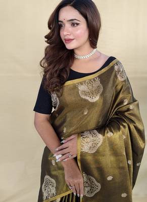 Mehndi Green Color Zari Weaving Work art silk saree 4