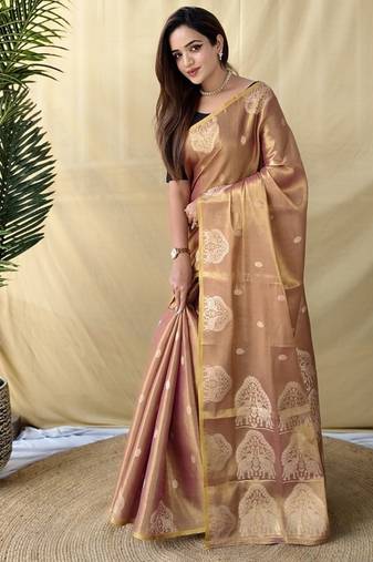 Peach Color Zari Weaving Work art silk saree
