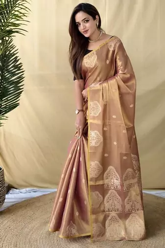 Peach Color Zari Weaving Work Silk Saree