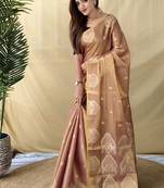 Peach Color Zari Weaving Work Silk Saree