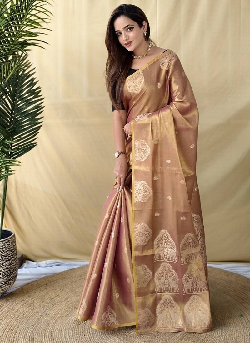 Peach Color Zari Weaving Work Silk Saree