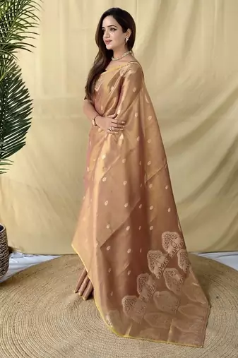 Peach Color Zari Weaving Work art silk saree