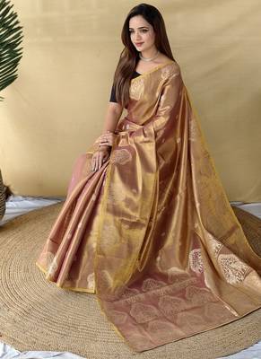 Peach Color Zari Weaving Work art silk saree 3