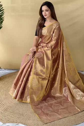 Peach Color Zari Weaving Work art silk saree