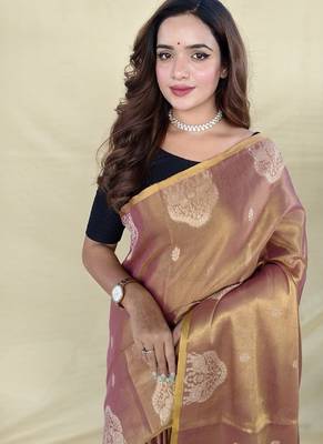 Peach Color Zari Weaving Work art silk saree 4