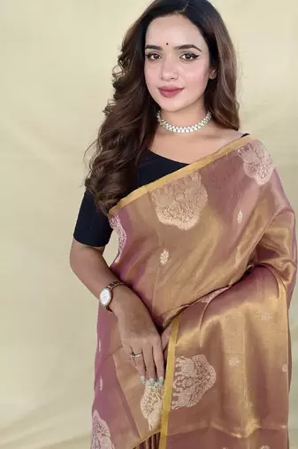 Peach Color Zari Weaving Work art silk saree