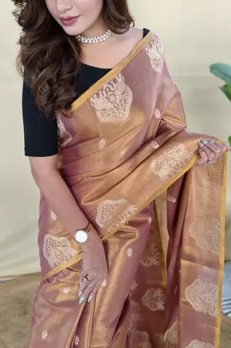 Peach Color Zari Weaving Work art silk saree