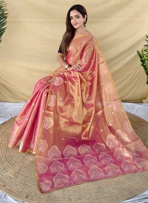 Pink Color Zari Weaving Work art silk saree 1