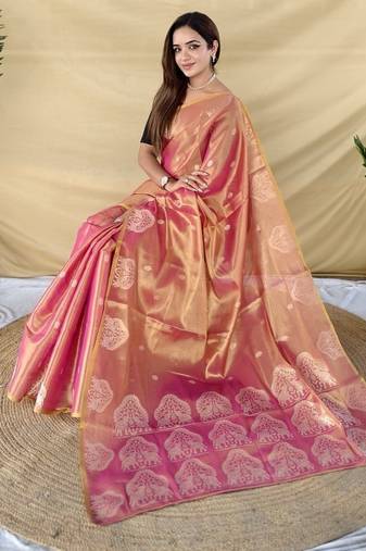Pink Color Zari Weaving Work art silk saree