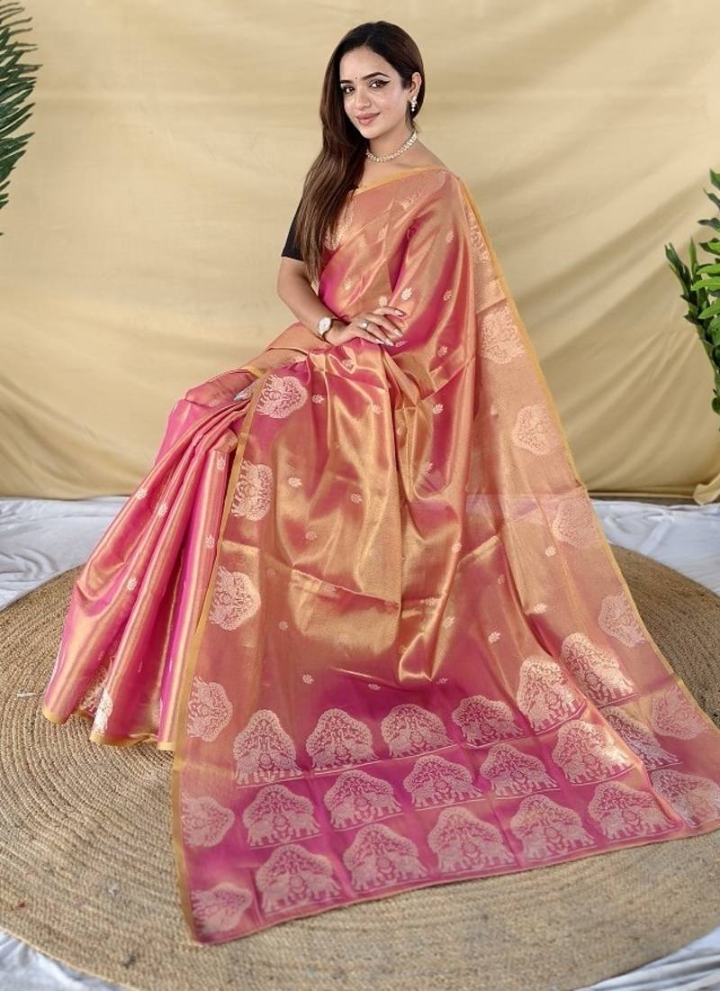 Pink Color Zari Weaving Work Silk Saree