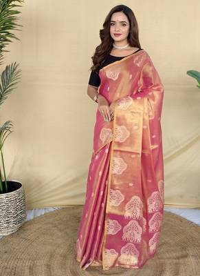 Pink Color Zari Weaving Work art silk saree 2