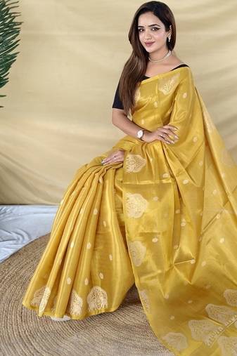 Yellow Color Zari Weaving Work Silk Saree