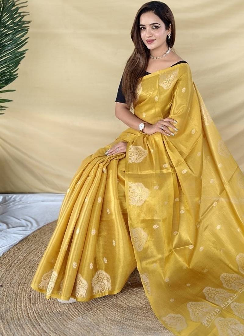 Yellow Color Zari Weaving Work Silk Saree