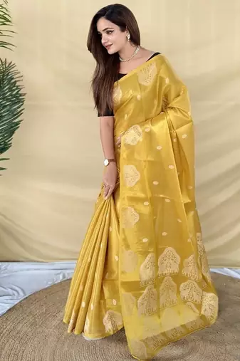 Yellow Color Zari Weaving Work art silk saree