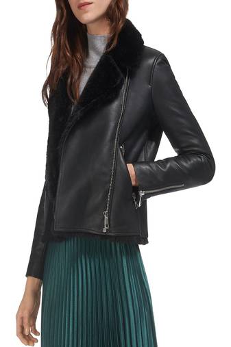 Women's genuine lambskin leather motorcycle slim fit designer biker fur collar jacket-ce-203