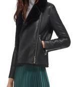 women's genuine lambskin leather biker jacket luxe fur collar trim