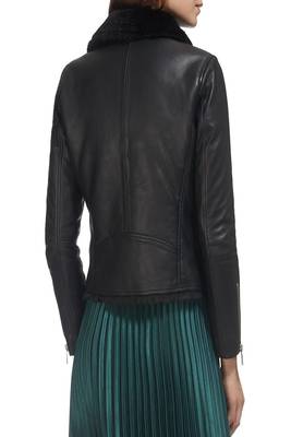 women's genuine lambskin leather biker jacket luxe fur collar trim 2