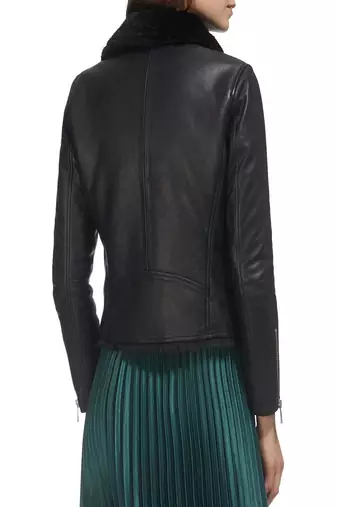 women's genuine lambskin leather biker jacket luxe fur collar trim