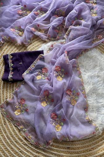 Lavender Color  Embroidery Sequence  Cutdana work Silk Saree